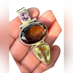 Heavy 925 Sterling silver gemstone pendant Amethyst smokey topaz citrine